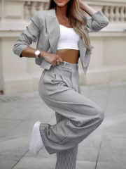 2024 European and American Women's Temperament Casual Striped Short lapel Suit Straight Leg Pants Set