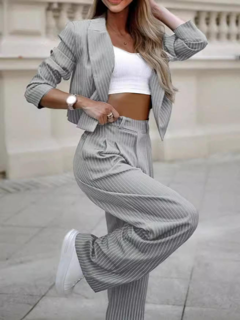2024 European and American Women's Temperament Casual Striped Short lapel Suit Straight Leg Pants Set