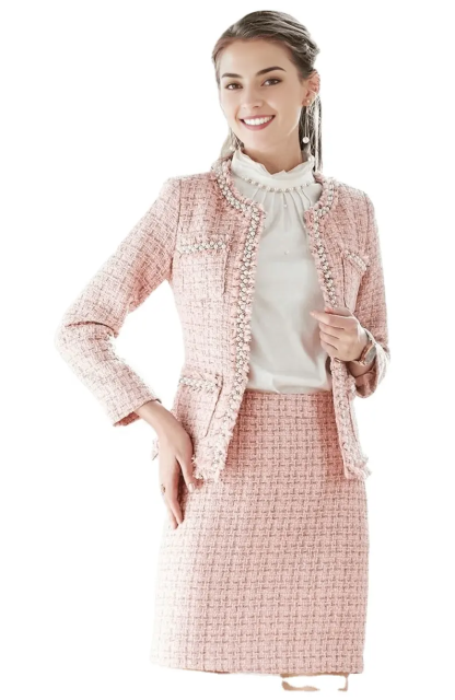 Women Custom Made Pink Set Tweed Short Coat Tweed Jacket Tweed Skirt with Pearl and Tassels