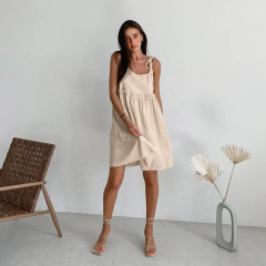 Women's Custom Cute Tiered Ruffle Empire Waist Linen Mini Summer Sundress - Khaki