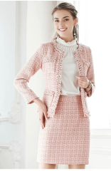 Women Custom Made Pink Set Tweed Short Coat Tweed Jacket Tweed Skirt with Pearl and Tassels