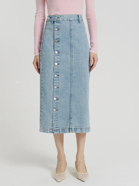Women Custom Casual High Waist Button Stylish Long Midi Denim Jeans Skirt for Women