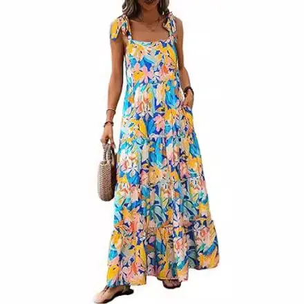 2024 European and American Women's Spaghetti Strap Sleeveless Print Pocket Side Zipper Layered Dress