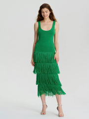 Women Custom Square Neck Fringe Hem Knit Sweater Bodycon Party Long Dress