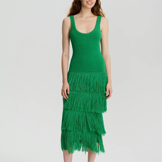 Women Custom Square Neck Fringe Hem Knit Sweater Bodycon Party Long Dress