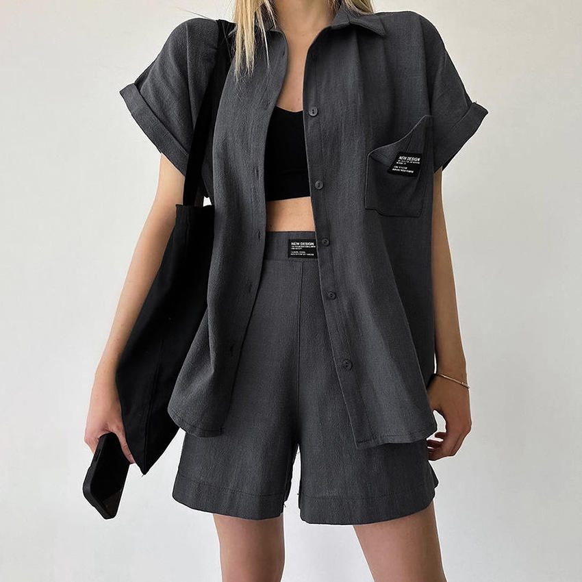 2 Piece Outfits Matching Sets for Women Short Sleeve Button Down Shirt and Shorts Cotton Linen Lounge Set