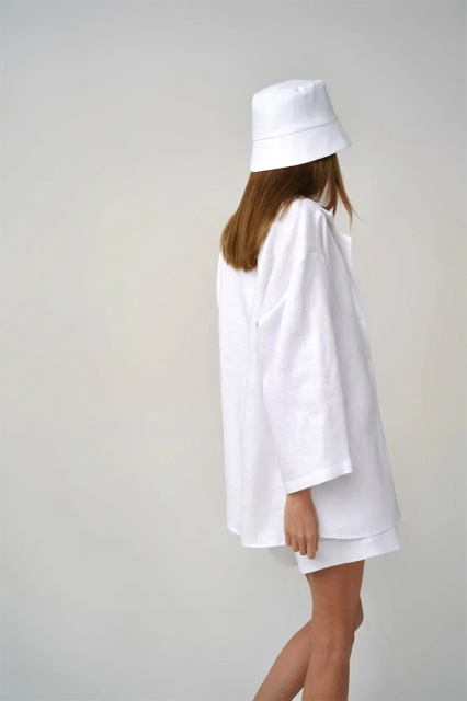 Women Cotton Two-Piece Set Loose Fit Long-Sleeved Button Shirt Casual Shorts Suits White