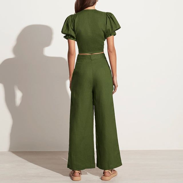 Linen Front-Tie Crop Top Pants