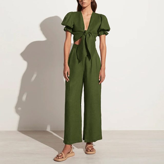 Linen Front-Tie Crop Top Pants