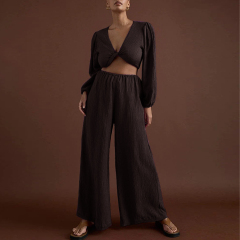 Linen Front-Tie Crop Top Pants