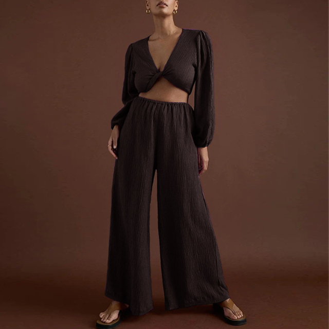 Linen Front-Tie Crop Top Pants