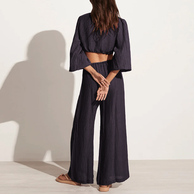 Linen Front-Tie Crop Top Pants