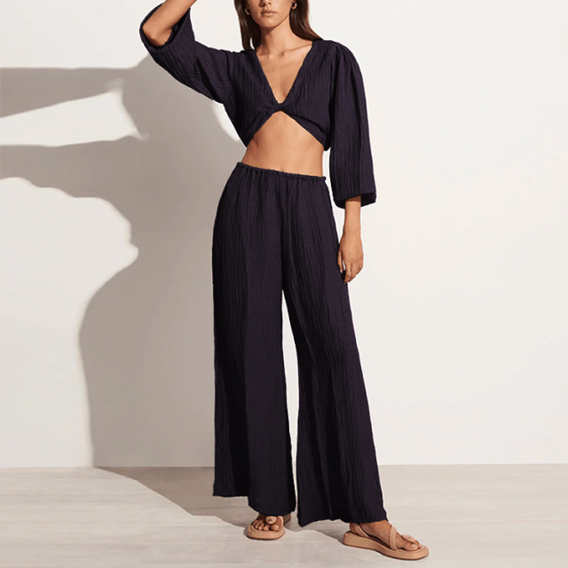 Linen Front-Tie Crop Top Pants
