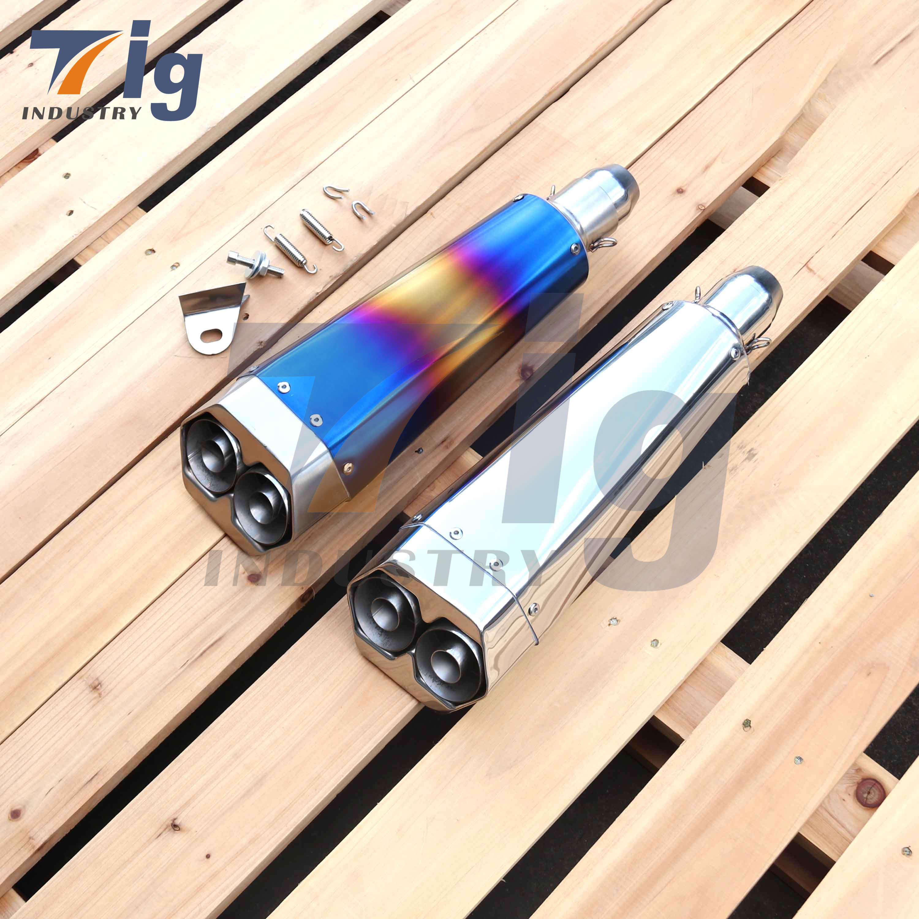 Motorcycle Exhaust Pipe Muffler DUAL OUTLET Bright/Blue color