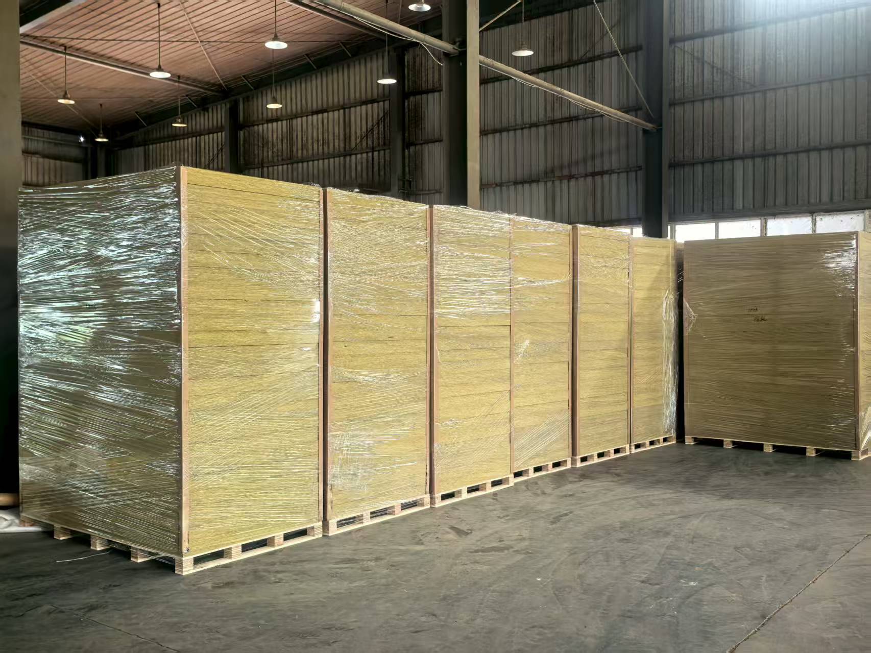 Large warehouse storage of  rock wool boards for sandwich panel core at Anhui Liluan Technology factory