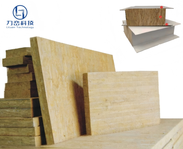 Cross-section of a metal sandwich panel featuring Liluan rock wool core for superior thermal and acoustic insulation.