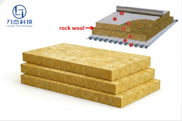 3D structural diagram of rock wool roof insulation system showing multiple protection layers for energy efficiency.---LiLuan Technology