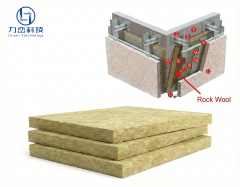 3D structural diagram of curtain wall insulation system showing rock wool board installed between spandrel panels and floor slabs for firestopping.