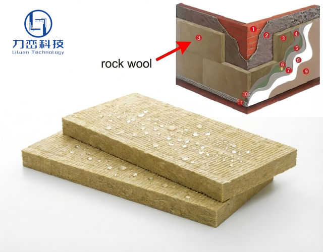 3D structural diagram of hydrophobic rock wool roof insulation system showing multiple protection layers for energy efficiency and close-up of water-repellent board surface