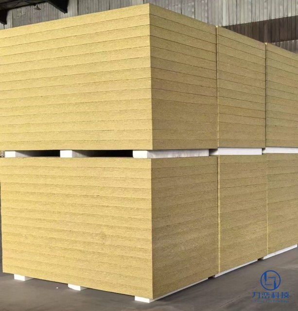Large-scale warehouse storage of high-density rock wool boards ready for export
