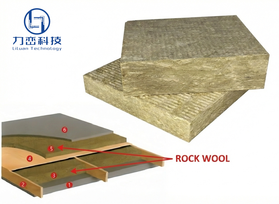 3D structural diagram showing rock wool board slabs installation layers in concrete floor systems, like basement ceilings - Liluan Technology