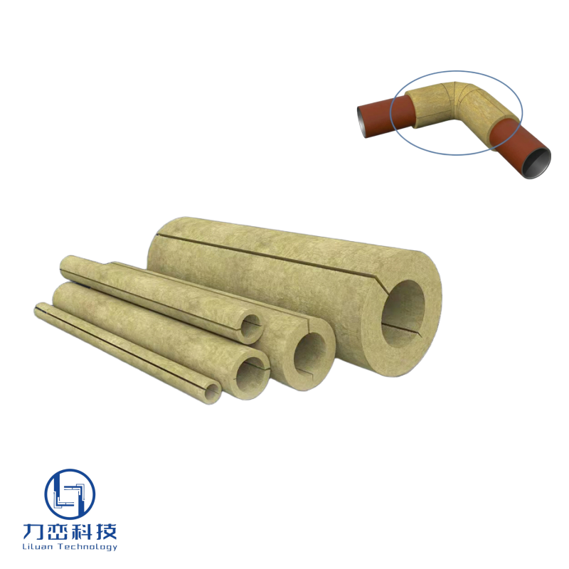 3D diagram of rock wool pipe insulation installed on industrial pipes with elbow joint detail - heat resistant pipe protection system by Liluan Technology