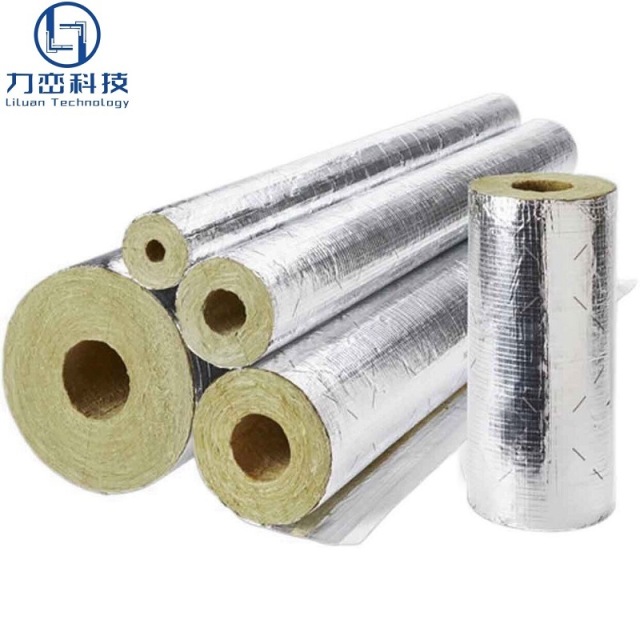 Foil-faced rock wool pipe sections with shiny aluminum foil vapor barrier - preformed pipe insulation for industrial piping by Liluan Technology