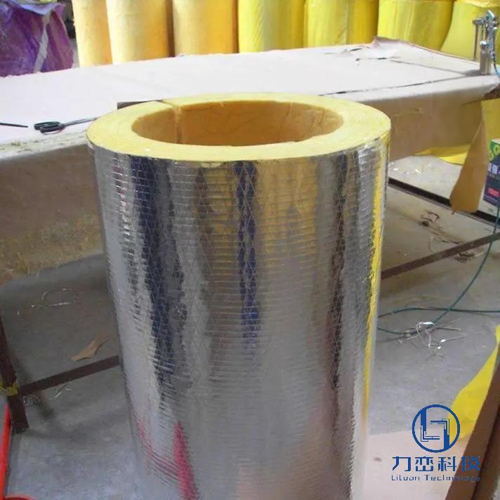 Single foil-faced rock wool pipe insulation cylinder showing inner diameter and aluminum foil surface - heat resistant piping insulation by Liluan Technology