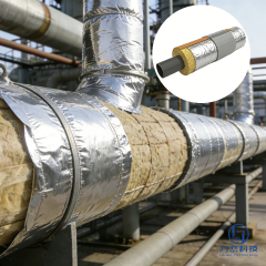 Foil-faced rock wool pipe insulation installed on large industrial pipes with cross-section inset - high-temperature steam piping protection by Liluan Technology