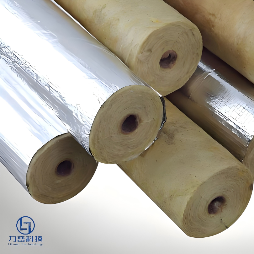 Stacked foil-faced rock wool pipe insulation rolls showing aluminum foil wrapping and inner fiber texture - premium piping insulation by Liluan Technology