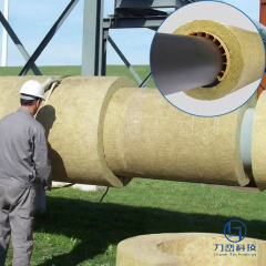 Worker installing rock wool pipe shell on outdoor industrial steam pipe with close-up cross-section view - high-temperature insulation by Liluan Technology