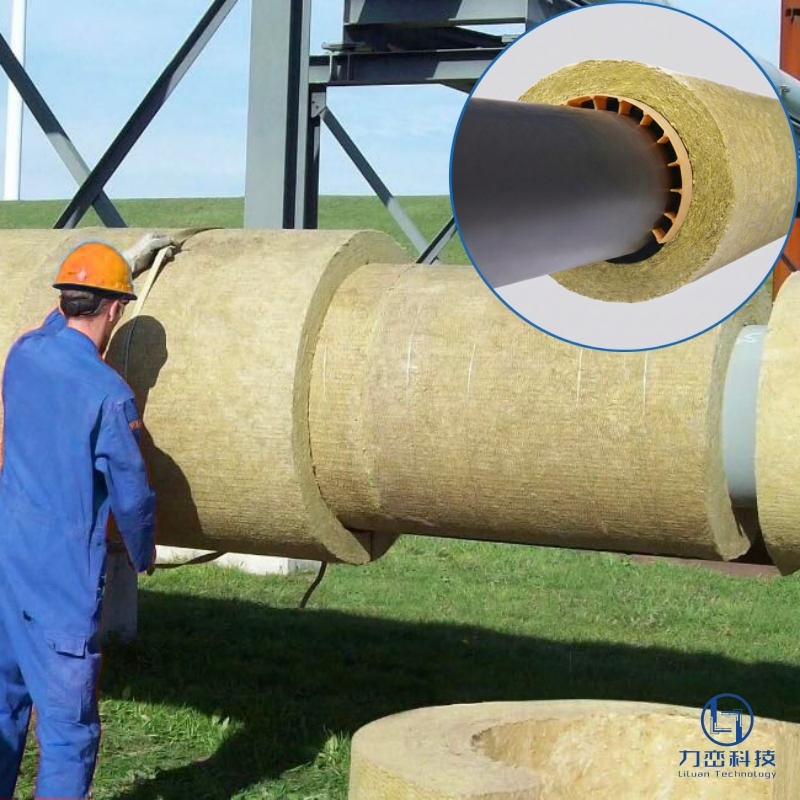 Worker installing rock wool pipe insulation on large industrial outdoor pipe with close-up detail view - heat resistant application by Liluan Technology