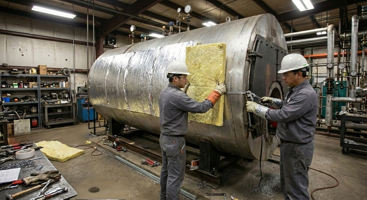 Workers installing lightweight glass wool board on large industrial boiler for thermal and acoustic insulation – real application by Liluan Technology