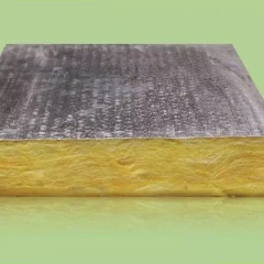 Glass wool board cross-section showing aluminum foil facing and dense yellow fiber core – lightweight thermal & acoustic insulation by Liluan Technology