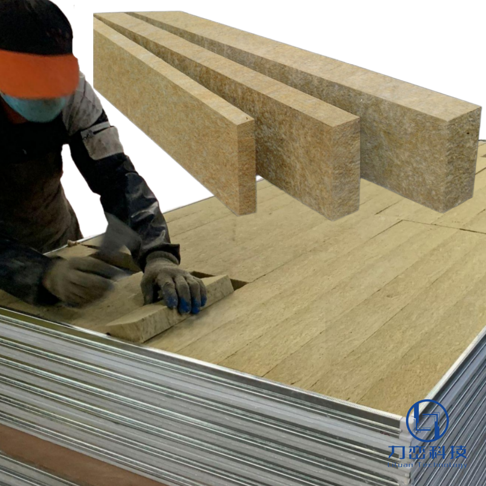 Worker installing rock wool strip (lamella) into sandwich panel core for external wall insulation – professional application by Liluan Technology