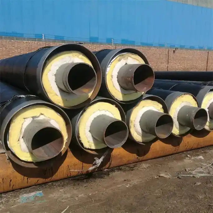 Glass wool pipe sections installed on steel pipes with black protective jacket – real thermal & acoustic insulation application by Liluan Technology