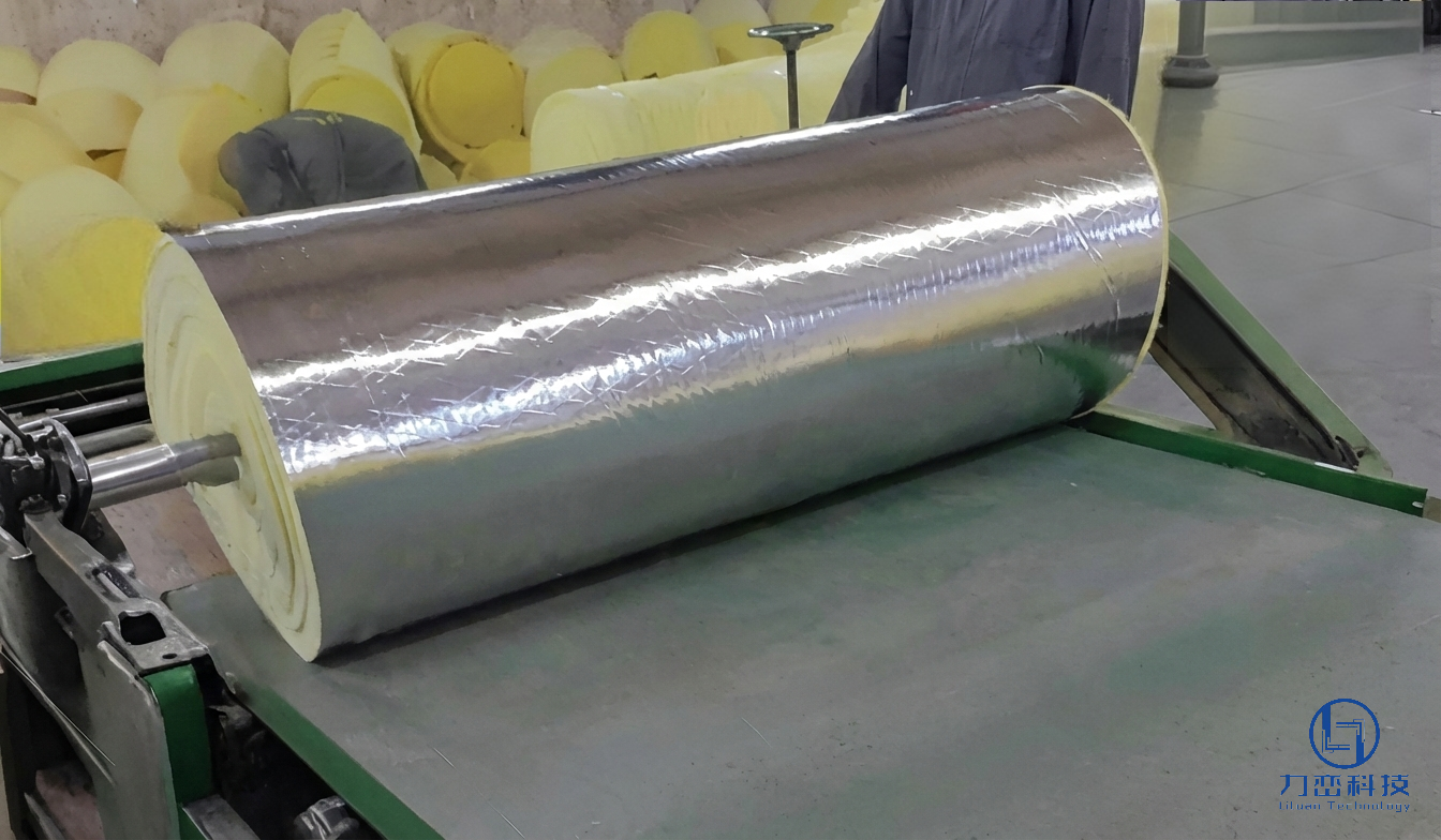 Glass wool blanket roll with aluminum foil facing moving on production line – manufacturing flexible thermal & acoustic insulation by Liluan Technology