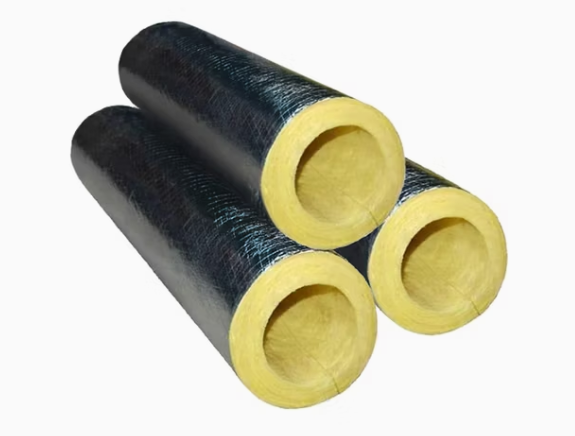 Three glass wool pipe sections with aluminum foil vapor barrier jacket – preformed thermal & acoustic insulation by Liluan Technology