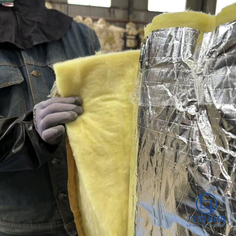 Worker demonstrating soft fiber texture of glass wool blanket next to aluminum foil facing – flexible thermal & acoustic insulation by Liluan Technology