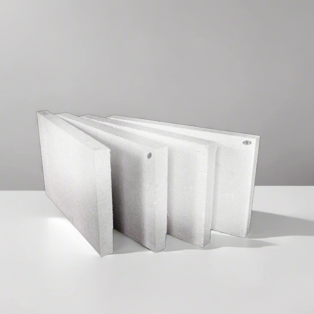 Four aluminum silicate boards standing upright – high-temperature insulation panels with clean white surface by Liluan Technology