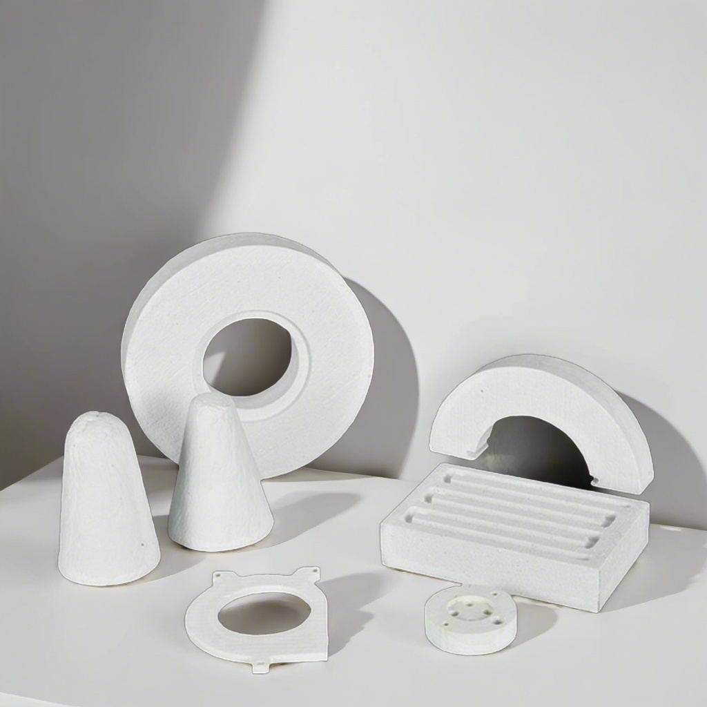 A variety of customized white vacuum-formed ceramic fiber special-shaped parts, including cones, rings, and a grooved block, are arranged for display in a laboratory setting——LiLuan Technology