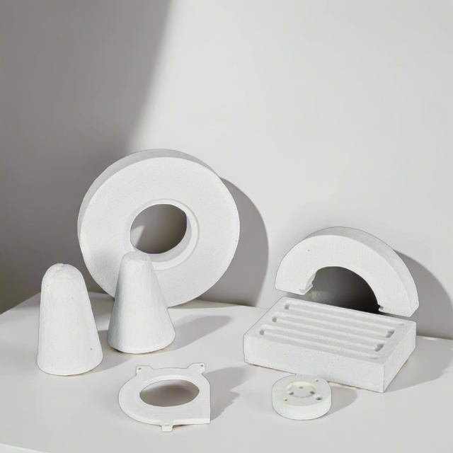 A variety of customized white vacuum-formed ceramic fiber special-shaped parts, including cones, rings, and a grooved block, are arranged for display in a laboratory setting——LiLuan Technology