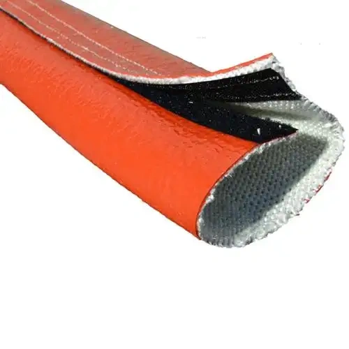 An open section of an orange silicone fire sleeve showing the internal black velcro strips, designed for quick wrap-around installation on existing industrial hoses without disconnection.---LiLuan Technology
