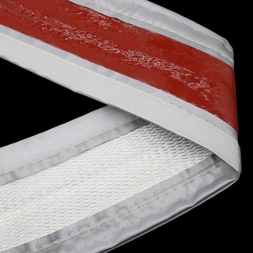 Detailed view of a premium heat resistant sleeve with red silicone surface and reinforced silver stitched edges, featuring a high-temperature resistant hook-and-loop closure system.---LiLuan Technology