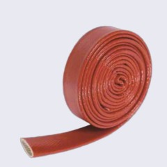 A bulk roll of red silicone-coated fiberglass fire sleeve by Liluan, designed for industrial hose thermal insulation and molten splash protection.---LiLuan Technology