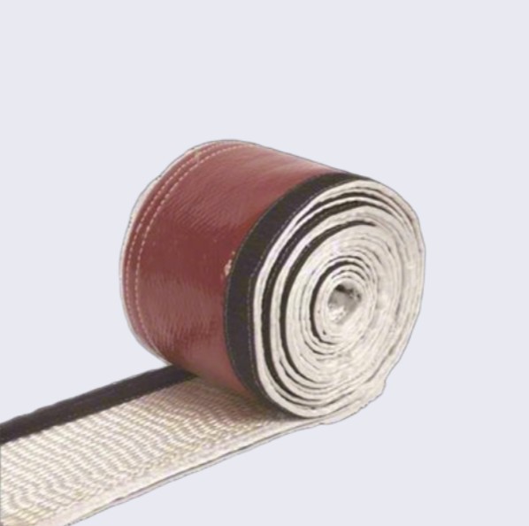 A professional roll of red silicone-coated heat-resistant fire sleeve featuring a black hook-and-loop (velcro) fastener and white fiberglass inner lining for industrial cable protection—LiLuan Technology