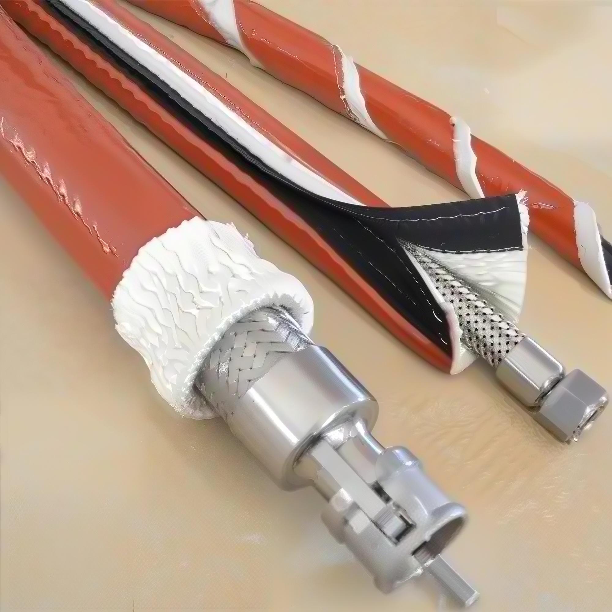 Demonstration of three heat-resistant buckle sleeves being installed on metal hydraulic hoses, showing the closed, partially open, and wrap-around application states.---LiLuan Technology