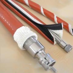 Demonstration of three heat-resistant buckle sleeves being installed on metal hydraulic hoses, showing the closed, partially open, and wrap-around application states.---LiLuan Technology