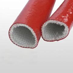 Close-up of Liluan silicone coated fiberglass fire sleeve showing the dense white braided fiberglass inner layer and red heat-resistant silicone outer coating for cable protection.---LiLuan Technology