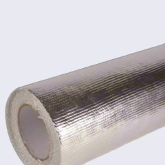 A standard roll of Liluan aluminum foil glass Fiber cloth with a patterned metallic surface and a cardboard core, showing the exposed edge of the fiberglass base.---LiLuan Technology